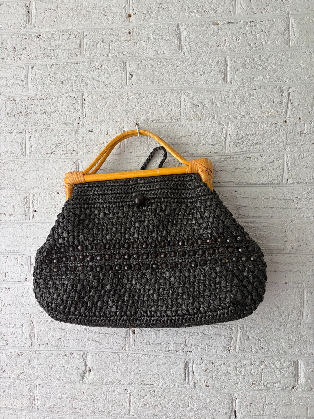 Black Woven Shoulder Bag with Tan Handles